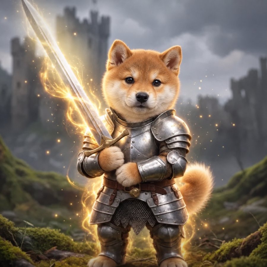A shiba inu puppy in silver knight armour holding a glowing sword in front of a ruined castle